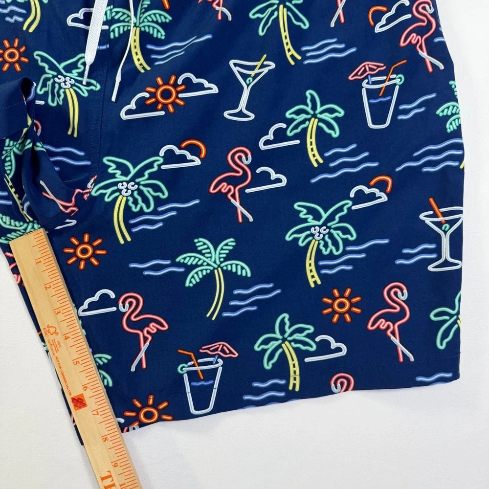 Chubbies Mens Navy Blue Neon Flamingo Palm Tree Print Swim Trunks Mesh Liner 3XL
